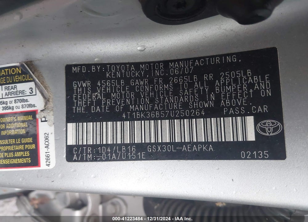 2007 TOYOTA AVALON LIMITED VIN: 4T1BK36B57U250264