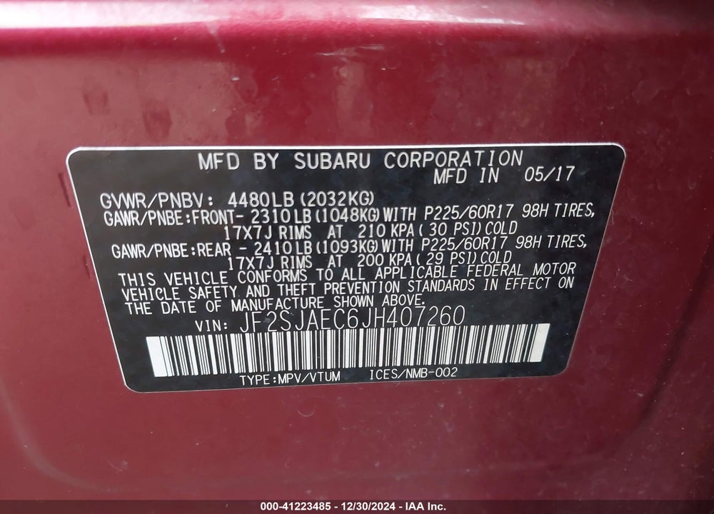 2018 SUBARU FORESTER 2.5I PREMIUM VIN: JF2SJAEC6JH407260