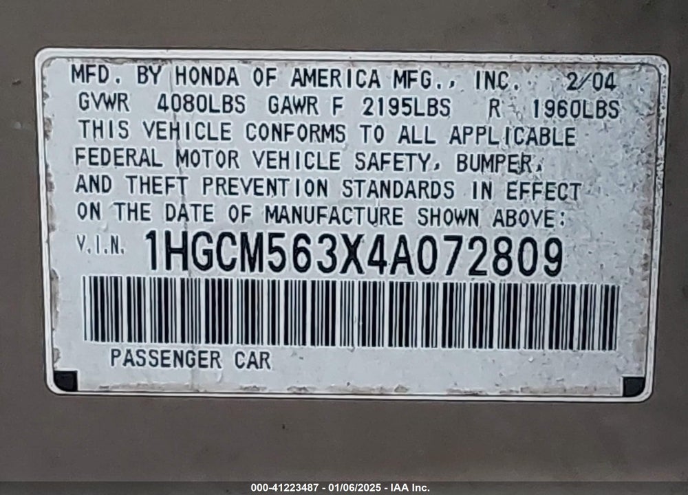 2004 HONDA ACCORD 2.4 LX VIN: 1HGCM563X4A072809
