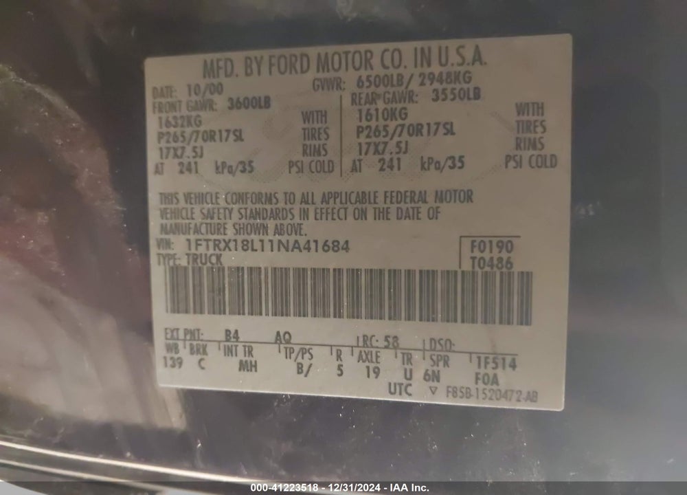 2001 FORD F-150 LARIAT/XL/XLT VIN: 1FTRX18L11NA41684