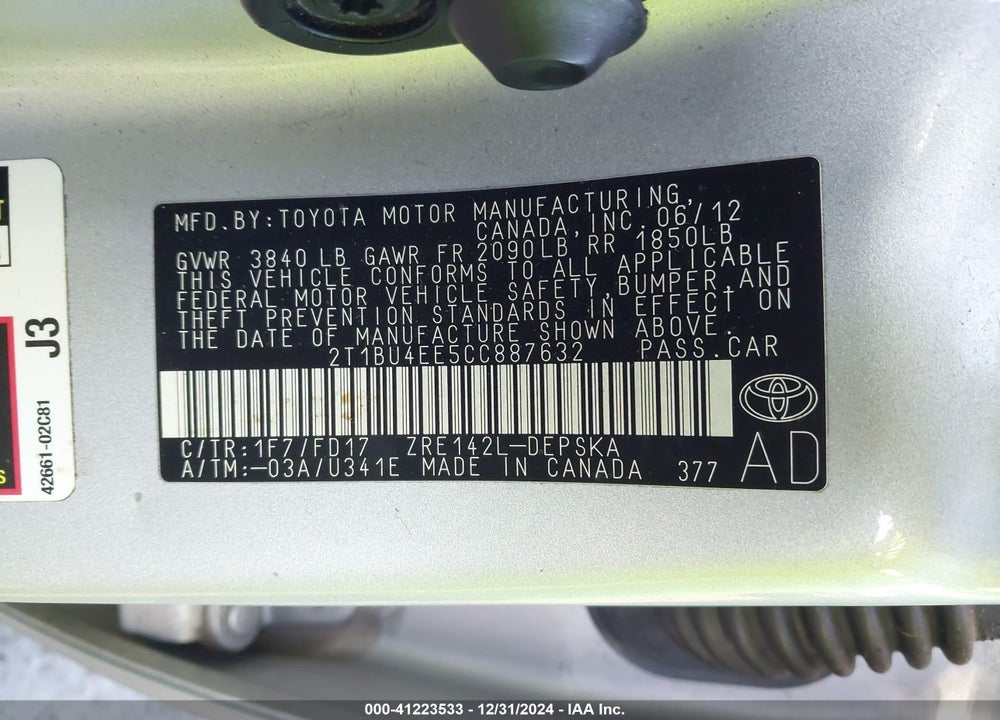 2012 TOYOTA COROLLA S VIN: 2T1BU4EE5CC887632