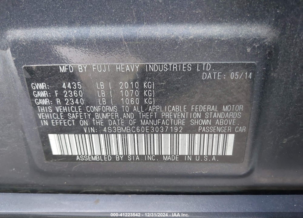 2014 SUBARU LEGACY 2.5I PREMIUM VIN: 4S3BMBC60E3037192