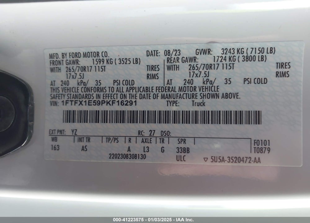 2023 FORD F-150 XL VIN: 1FTFX1E59PKF16291