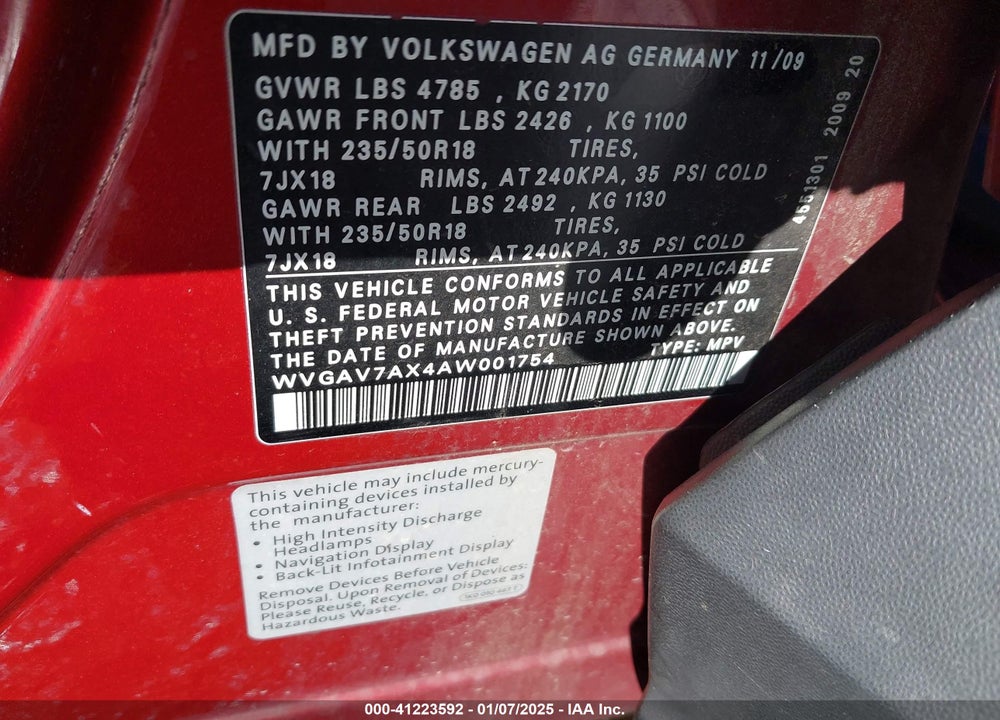 2010 VOLKSWAGEN TIGUAN WOLFSBURG EDITION VIN: WVGAV7AX4AW001754