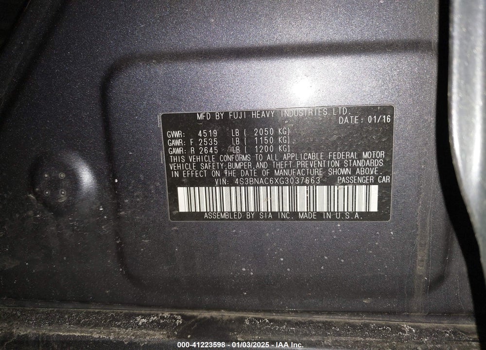 2016 SUBARU LEGACY 2.5I PREMIUM VIN: 4S3BNAC6XG3037663