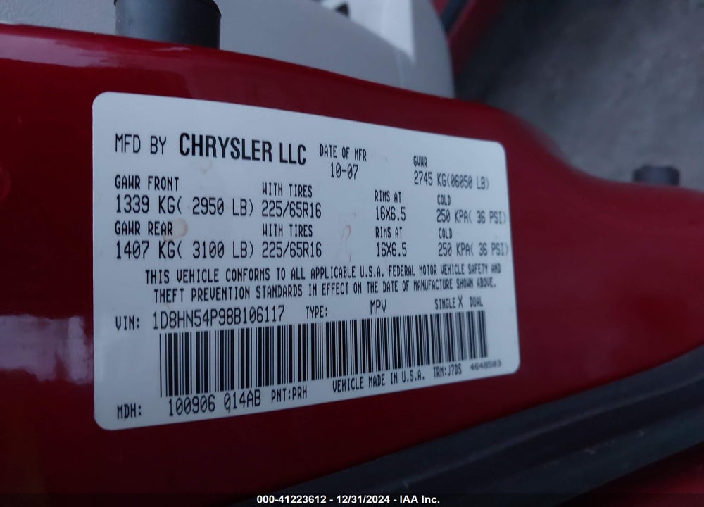 2008 DODGE GRAND CARAVAN SXT VIN: 1D8HN54P98B106117