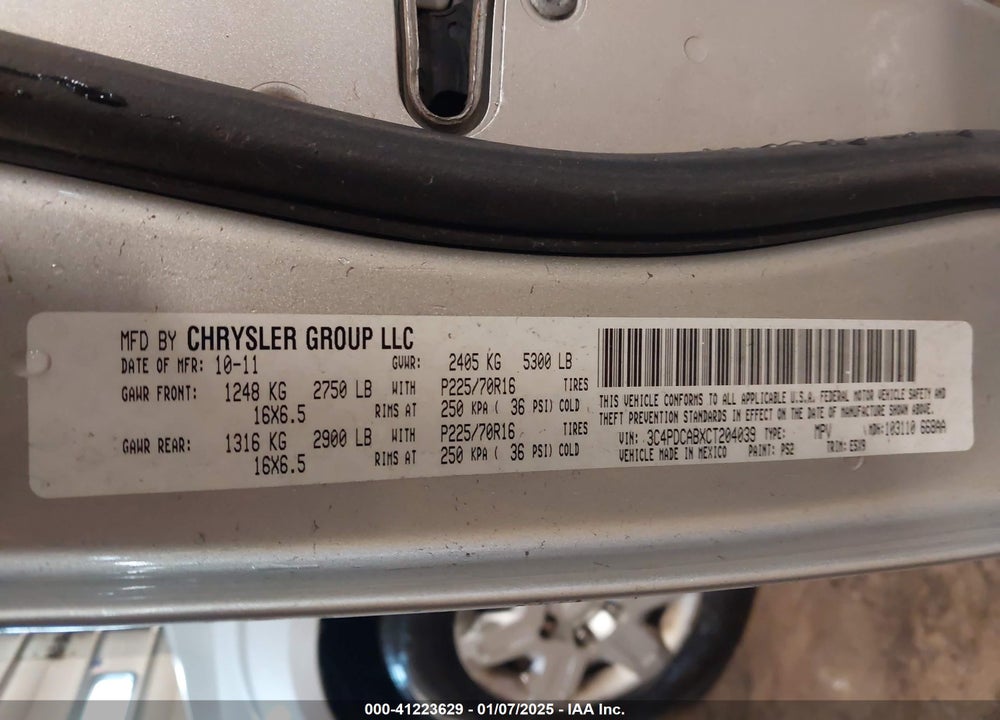 2012 DODGE JOURNEY SE/AVP VIN: 3C4PDCABXCT204039