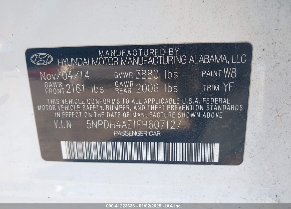 2015 HYUNDAI ELANTRA SE VIN: 5NPDH4AE1FH607127