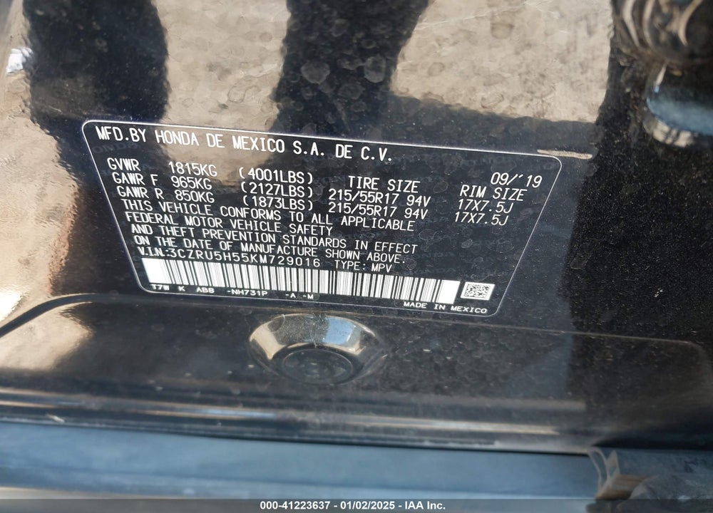 2019 HONDA HR-V EX VIN: 3CZRU5H55KM729016