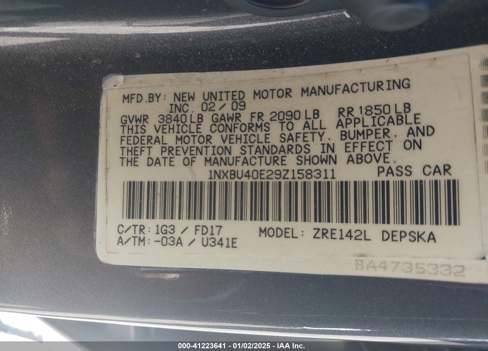 2009 TOYOTA COROLLA VIN: 1NXBU40E29Z158311