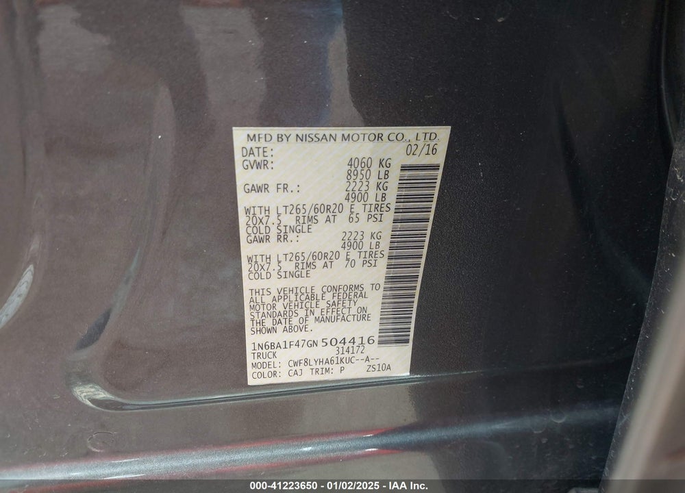 2016 NISSAN TITAN XD VIN: 1N6BA1F47GN504416