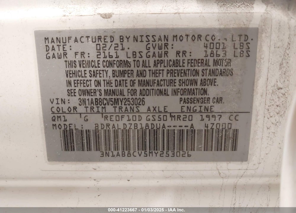 2021 NISSAN SENTRA VIN: 3N1AB8CV5MY253026