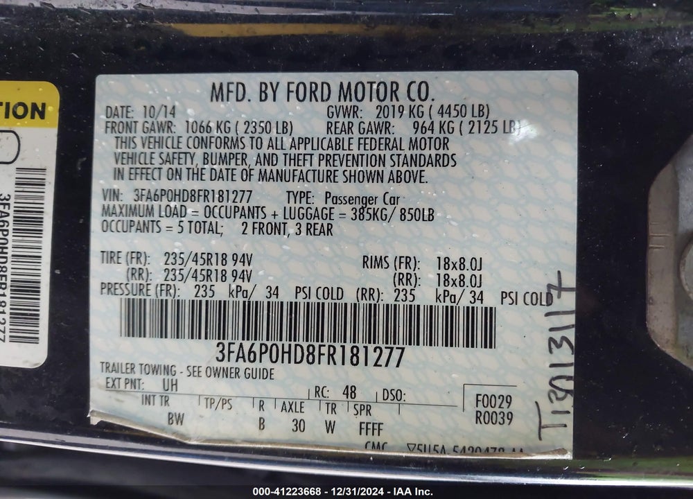2015 FORD FUSION VIN: 3FA6P0HD8FR181277