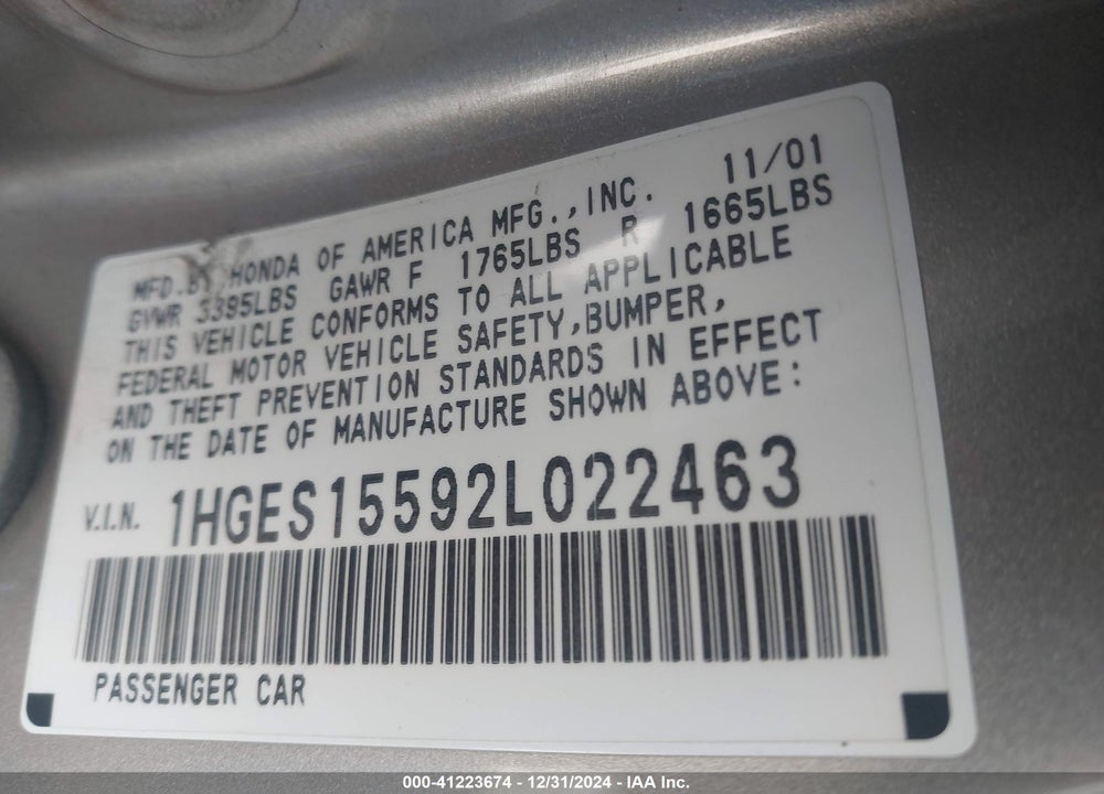 2002 HONDA CIVIC LX VIN: 1HGES15592L022463