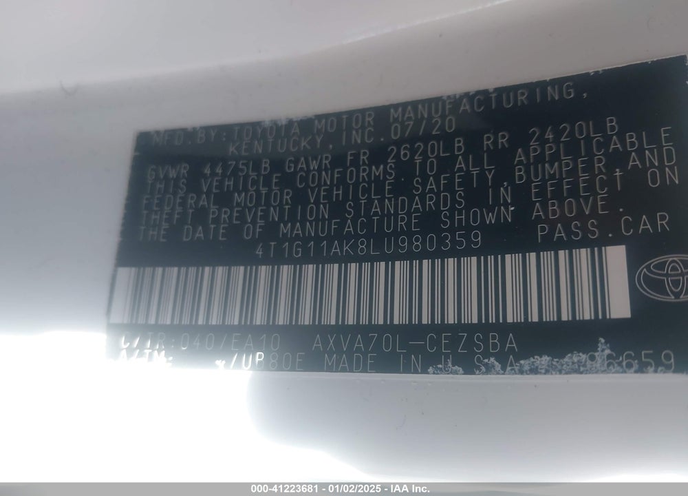 2020 TOYOTA CAMRY VIN: 4T1G11AK8LU980359