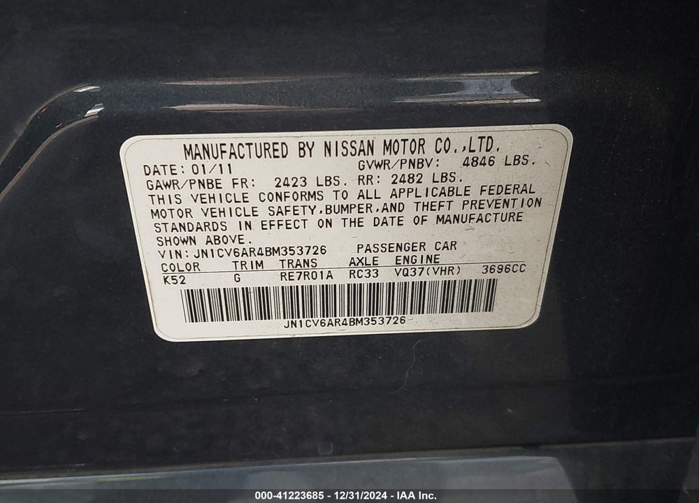 2011 INFINITI G37X VIN: JN1CV6AR4BM353726