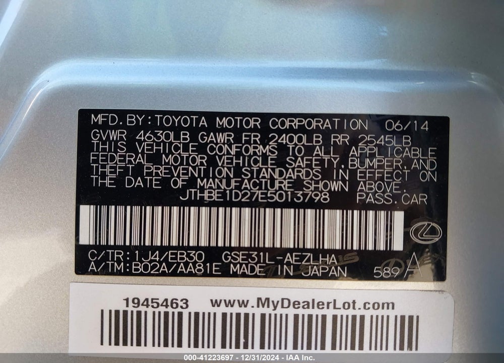2014 LEXUS IS VIN: JTHBE1D27E5013798