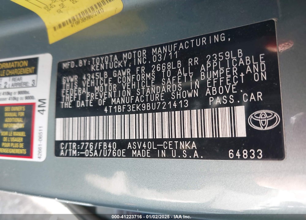 2011 TOYOTA CAMRY LE VIN: 4T1BF3EK9BU721413