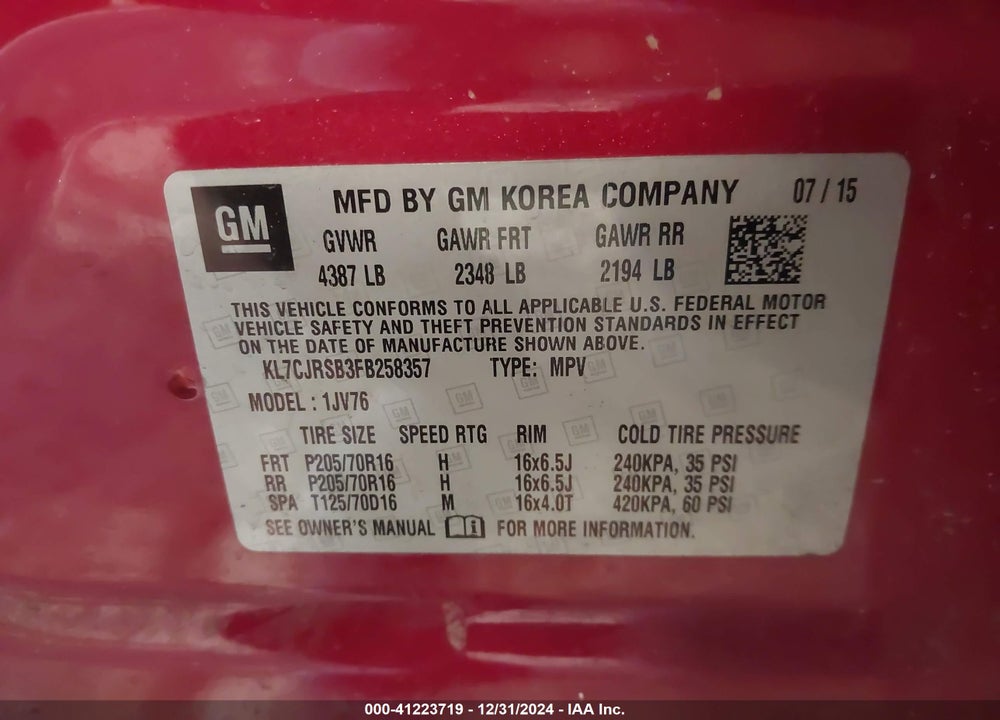 2015 CHEVROLET TRAX LT VIN: KL7CJRSB3FB258357