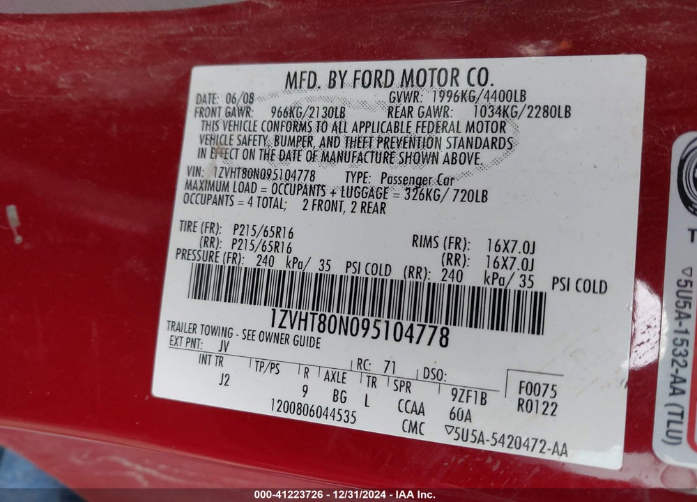 2009 FORD MUSTANG VIN: 1ZVHT80N095104778