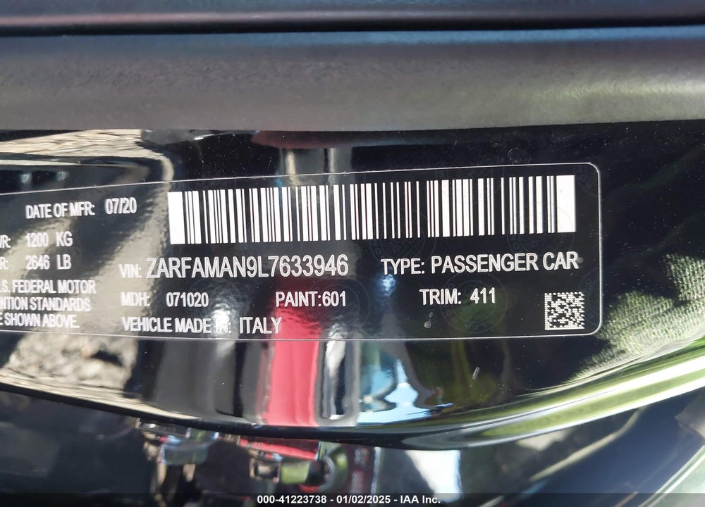 2020 ALFA ROMEO GIULIA RWD VIN: ZARFAMAN9L7633946