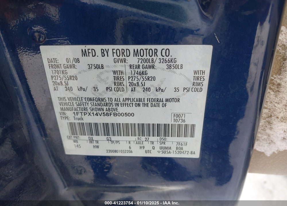 2008 FORD F-150 VIN: 1FTPX14V58FB00500