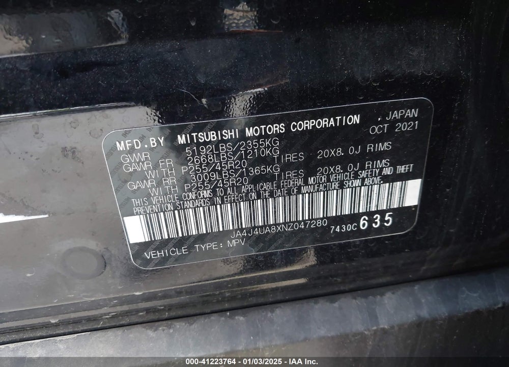 2022 MITSUBISHI OUTLANDER BLACK EDITION /SE 2.5 /SE LAUNCH EDITION VIN: JA4J4UA8XNZ047280