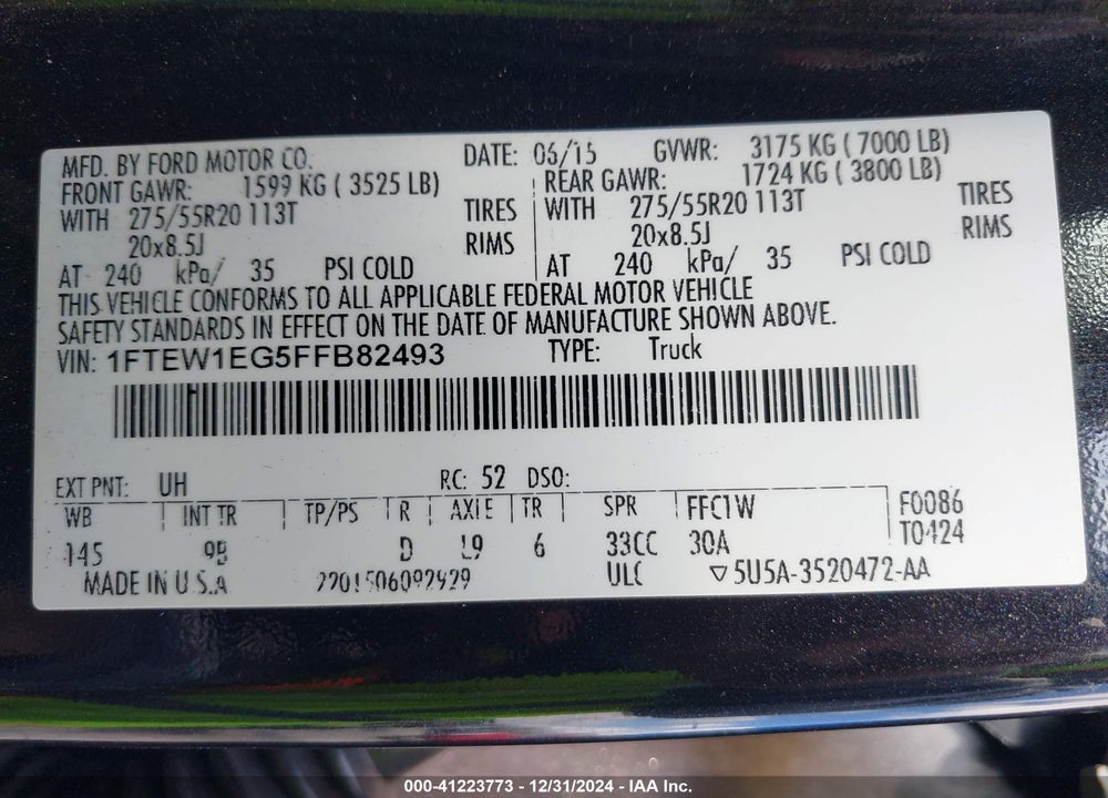 2015 FORD F-150 VIN: 1FTEW1EG5FFB82493
