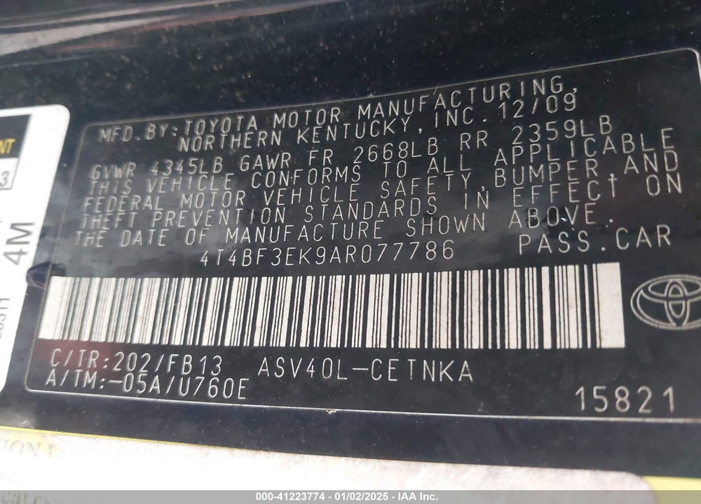 2010 TOYOTA CAMRY LE VIN: 4T4BF3EK9AR077786