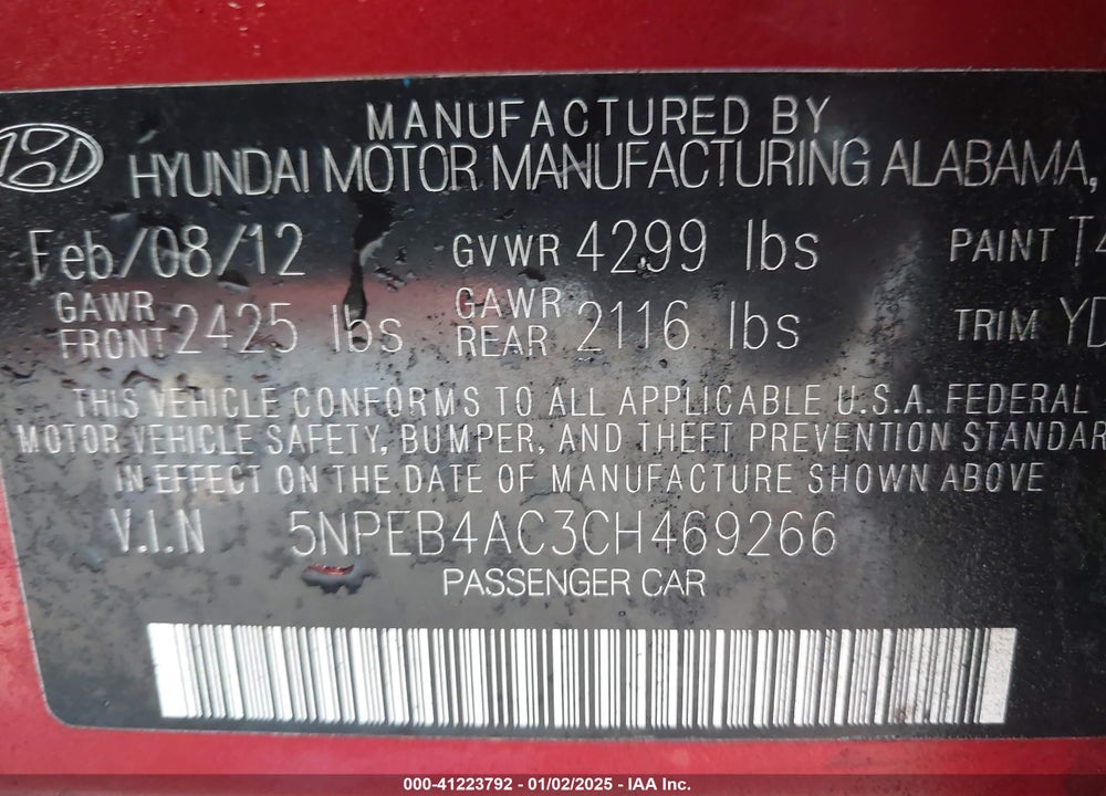 2012 HYUNDAI SONATA GLS VIN: 5NPEB4AC3CH469266