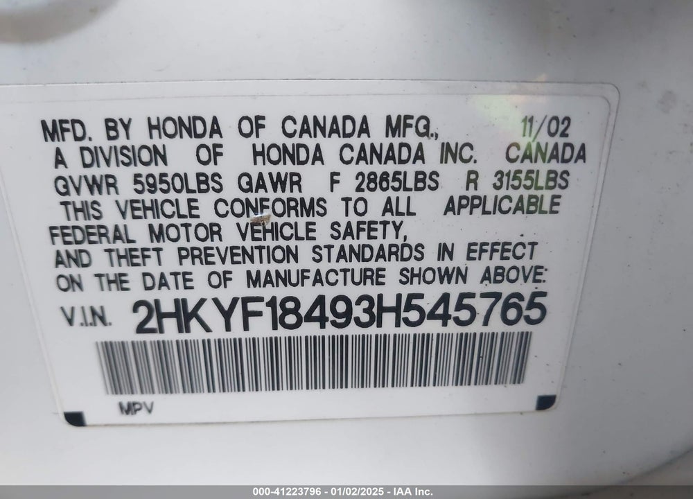 2003 HONDA PILOT EX VIN: 2HKYF18493H545765
