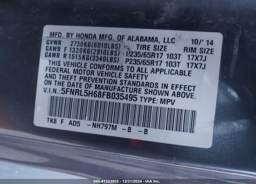 2015 HONDA ODYSSEY EX-L VIN: 5FNRL5H68FB035495