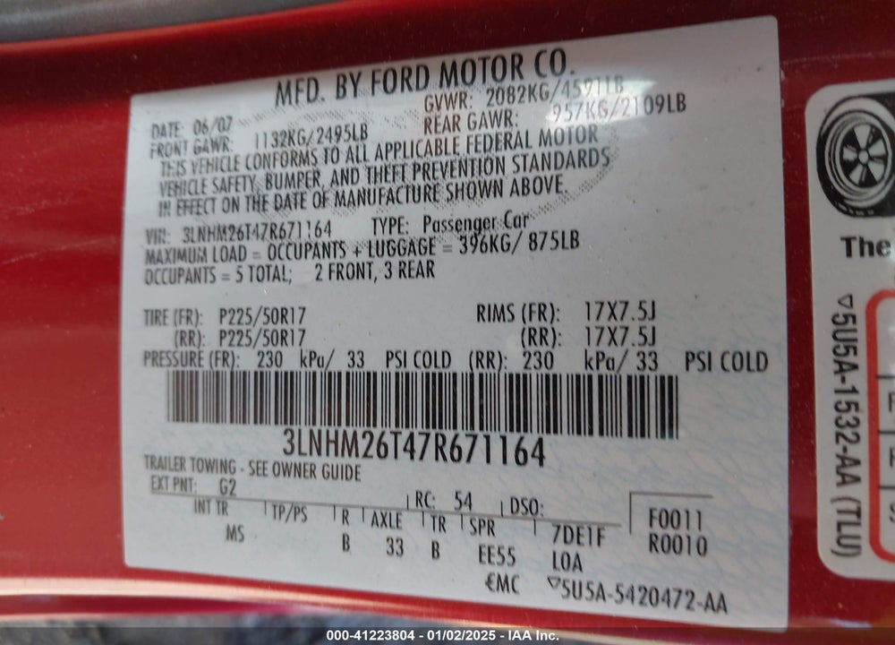 2007 LINCOLN MKZ VIN: 3LNHM26T47R671164