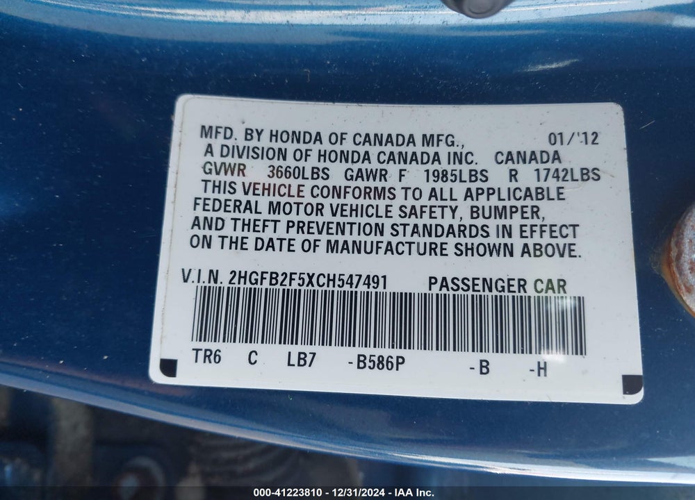 2012 HONDA CIVIC SDN LX VIN: 2HGFB2F5XCH547491