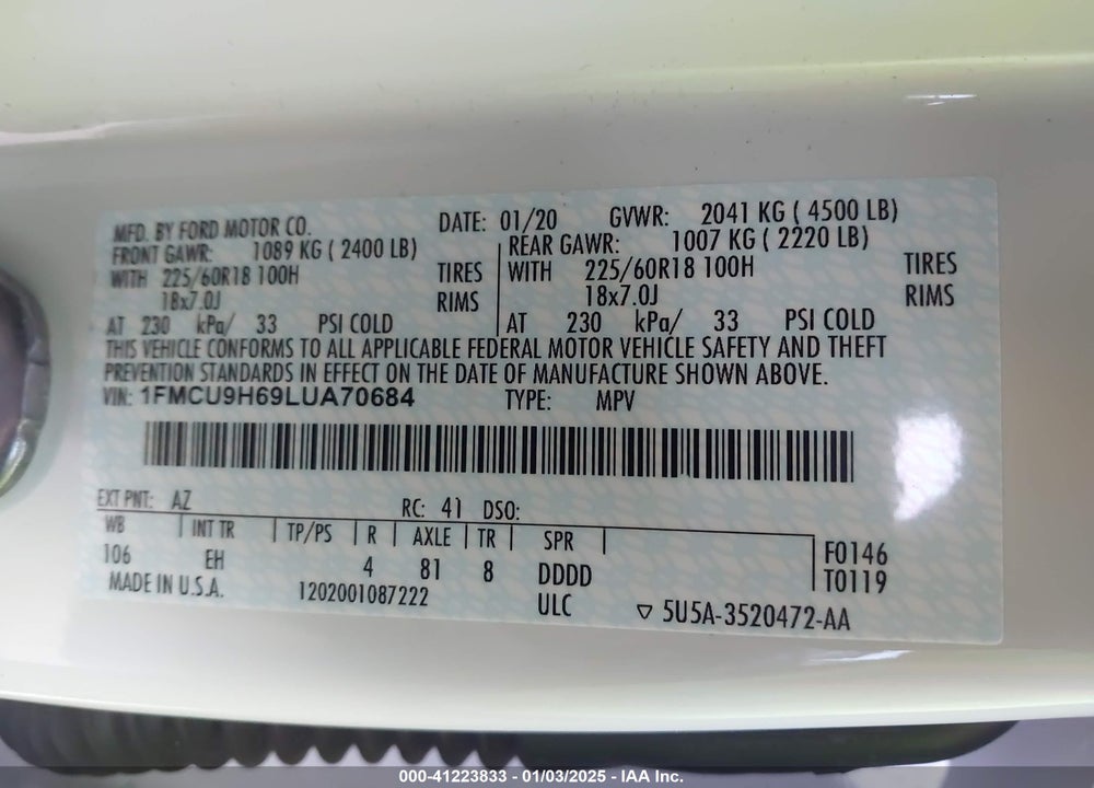 2020 FORD ESCAPE SEL VIN: 1FMCU9H69LUA70684