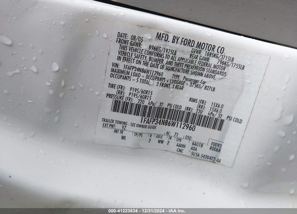 2006 FORD FOCUS VIN: 1FAFP34N86W112960
