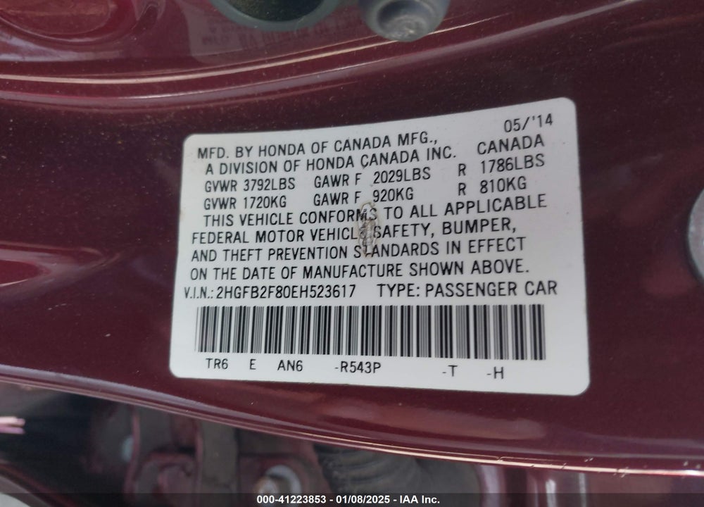 2014 HONDA CIVIC EX VIN: 2HGFB2F80EH523617