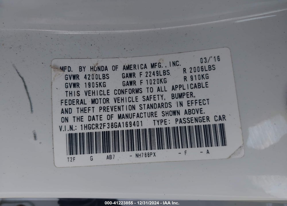 2016 HONDA ACCORD VIN: 1HGCR2F38GA169401