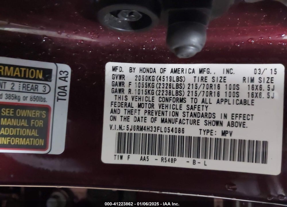2015 HONDA CR-V LX VIN: 5J6RM4H33FL054086