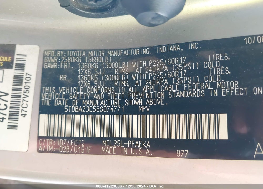 2006 TOYOTA SIENNA LE VIN: 5TDBA23C56S074771