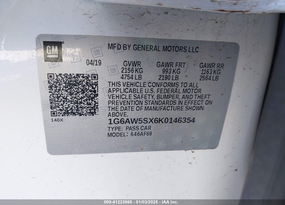 2019 CADILLAC CTS VIN: 1G6AW5SX6K0146354