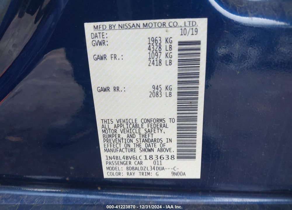 2020 NISSAN ALTIMA VIN: 1N4BL4BV6LC183638