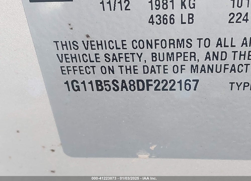 2013 CHEVROLET MALIBU VIN: 1G11B5SA8DF222167