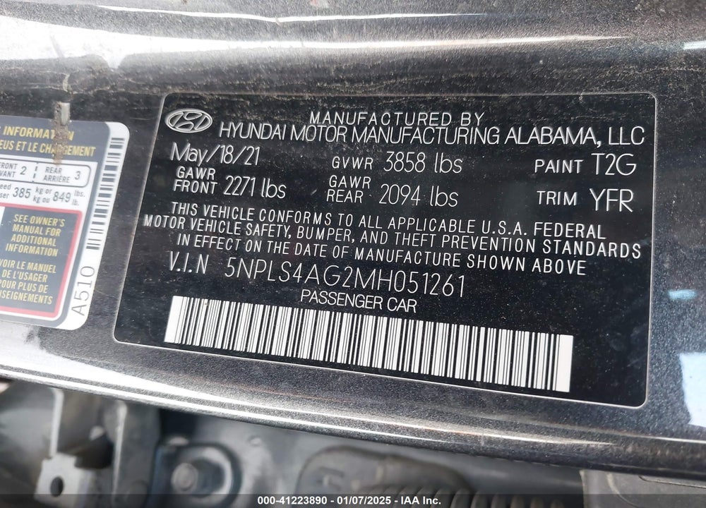 2021 HYUNDAI ELANTRA SEL VIN: 5NPLS4AG2MH051261