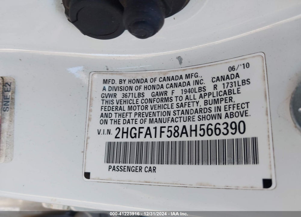 2010 HONDA CIVIC VIN: 2HGFA1F58AH566390