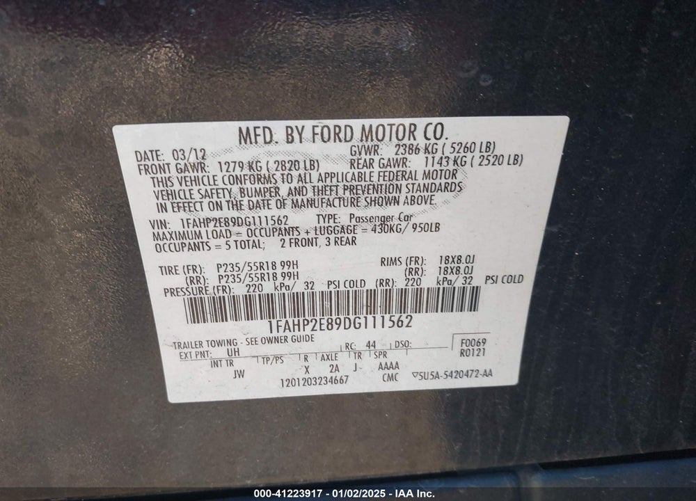 2013 FORD TAURUS VIN: 1FAHP2E89DG111562