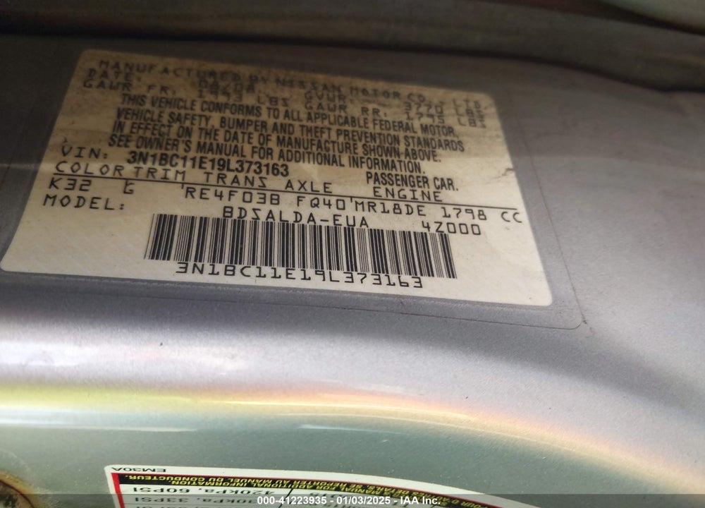 2009 NISSAN VERSA 1.8S VIN: 3N1BC11E19L373163