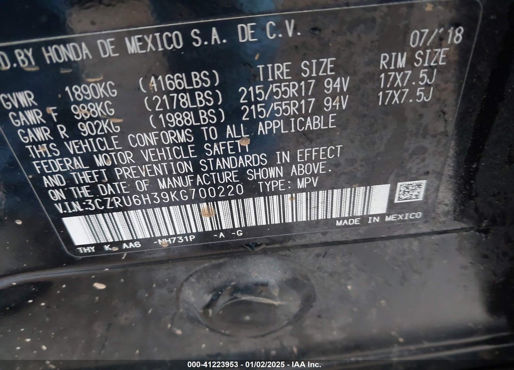 2019 HONDA HR-V LX VIN: 3CZRU6H39KG700220