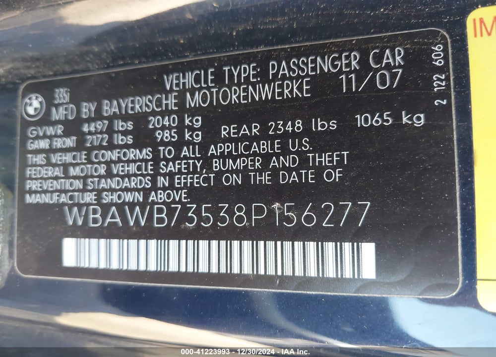 2008 BMW 335I VIN: WBAWB73538P156277