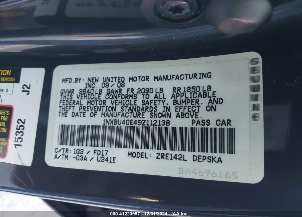 2009 TOYOTA COROLLA VIN: 1NXBU40E49Z112138